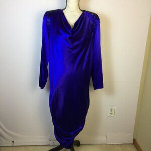 Joy Stevens Vintage Dress Sz 12 Womans Blue Satin Double Cowl Neck Embellished